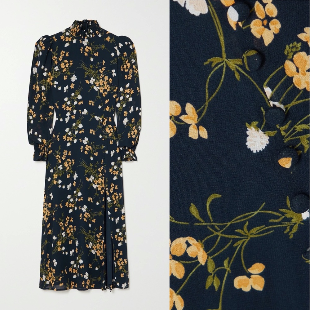 Reformation Black Floral Midi Dress with Yellow & White Print - Picture 2 of 3